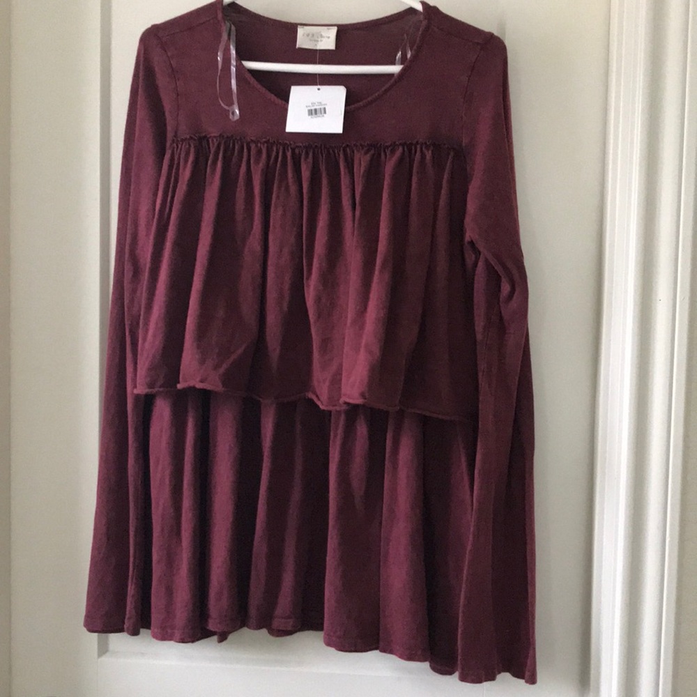 Crimson/deep red ruffle long sleeve shirt